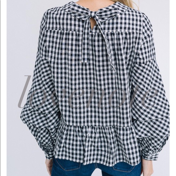 COTTON GINGHAM LONG RUFFLE SLEEVE TOP TIE BACK - Picture 3 of 7